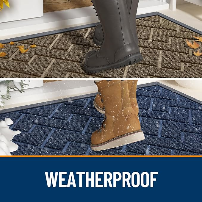 OLANLY Front Door Mat Indoor Outdoor Entrance, Waterproof All-Season, All-Weather Doormat, Sturdy Natural Rubber, Low Profile, Easy Clean Patio Porch Entryway Mat, Herringbone Brick (Blue, 47x17)