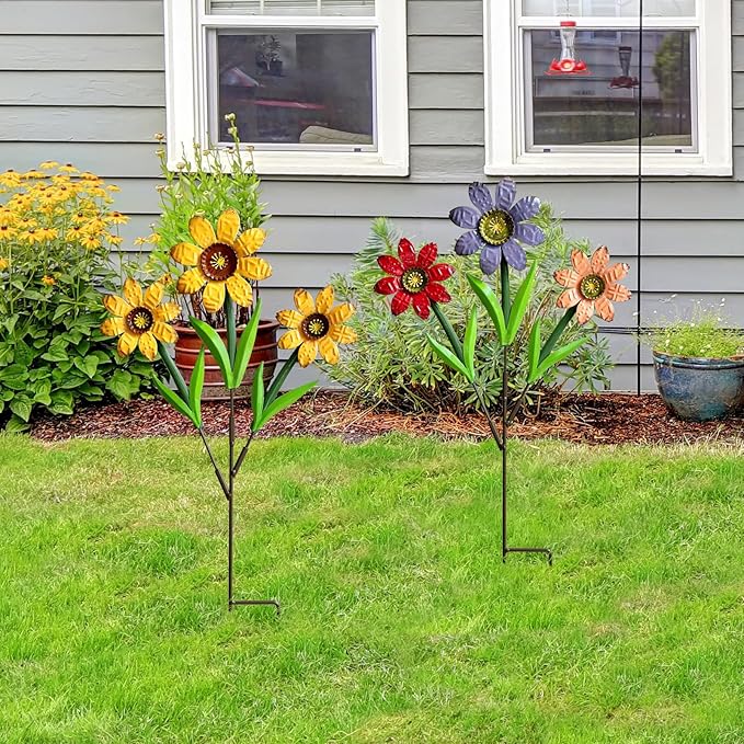 Metal Flowers for Outside,2 Pack Large Colorful Decorative Garden Stakes Yard Art,Spring Garden Decor for Lawn, Pathway & Garden(21.9 * 12IN)