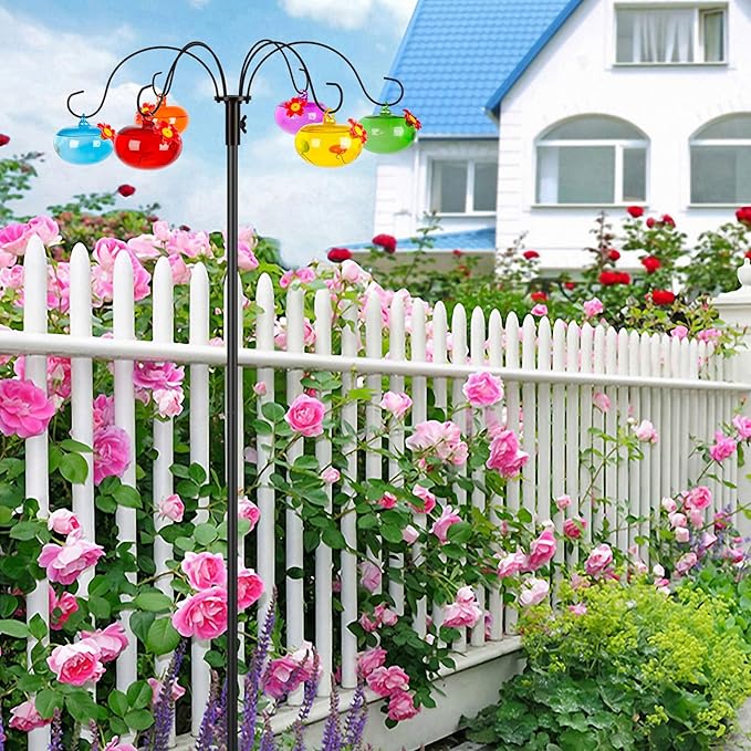 Liitrton Glass Hummingbird Feeders with Shepherds Hook for Outdoors Hanging 6 Hand-Blow Glass Hummingbird Feeder Balls, Adjustable Hight Bird Feeder Pole for Outside Garden Decor