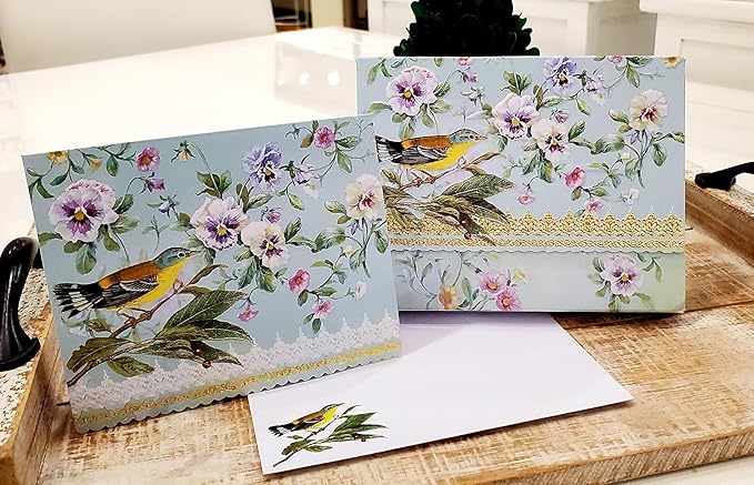 Poster Foundry Set of 3 - Pansy Flower and Warbler Bird Boxed Note Cards by Carol Wilson. 10 embossed 4x5 Die-Cut Notecards and Matching Envelopes in Decorative Gift Box with Magnetic Flap. NCP2449