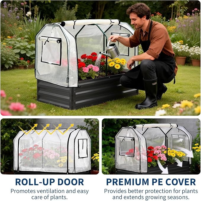 GarveeLife Raised Garden Bed with Legs, Galvanized Metal Elevated Garden Bed with Cover & Built-in Spray Tube, Raised Planter Box for Backyard, Patio, Balcony, 48x24x55 in, Black