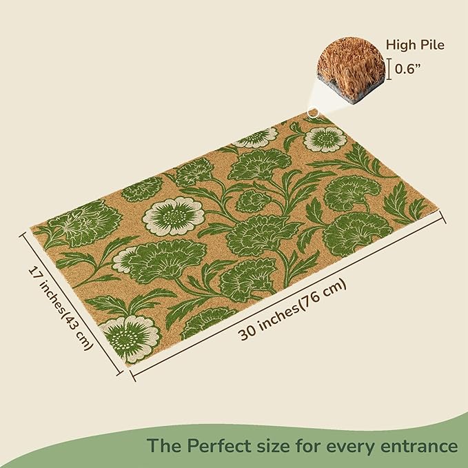 Coir Door Mat, Floral Print Entryway Floor Mats with Non-Slip PVC Backing, Indoor Outdoor Mat for Front Door Decor, Door Mat, Welcome Mats with Chelsea Flower Print, Green, 30”x 17”