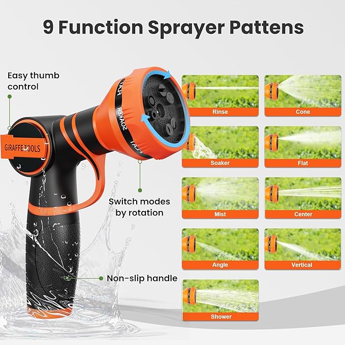 Giraffe Tools Garden Hose 100ft x 3/4", 304 Stainless Steel Metal Water Hose, No Kink Garden Water Hose with 9 Pattern Spray Nozzle, Flexible, Lightweight, Kink Free Hose for Yard, Outdoor