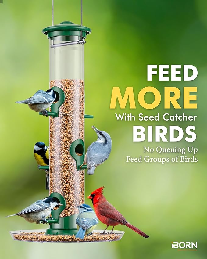 iBorn Bird Feeders Seed Catcher for Outside Hanging 6 Port Bird Feeder for Cardinal Birds Aluminium Metal,Green Finishing 14 Inch 6 Port (Seed is not Included)