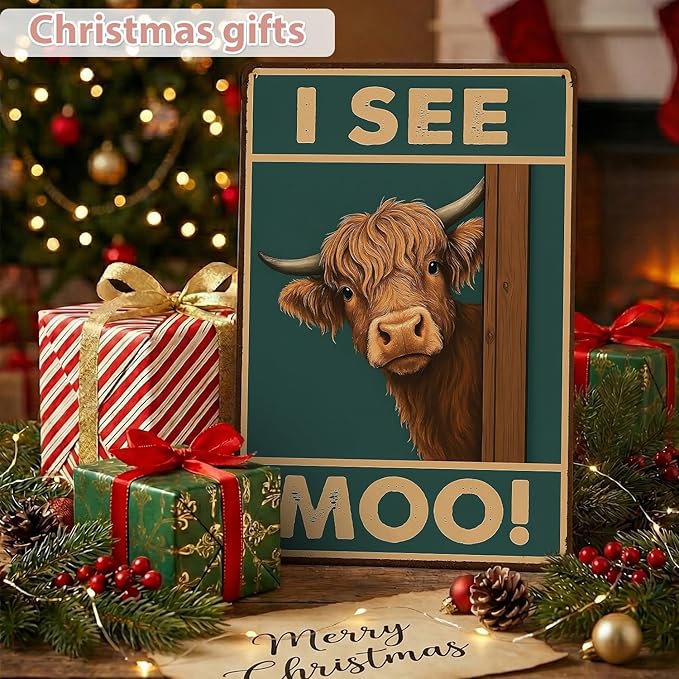 MAMAGIFTREE Funny Highland Cow Tin Sign for Bathroom Wall Decor, Funny Christmas Gifts I SEE MOO! 8x12 Inch Metal Signs, Vintage Farmhouse Wall Art Rustic Western House Decor, Cow Gifts for Man Cave