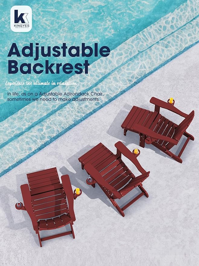 KINGYES Folding Adjustable Adirondack Chair with Ottoman & 2 Cup Holders Set of 2, HDPE Recliner Adirondack Chair with Footrest, Red