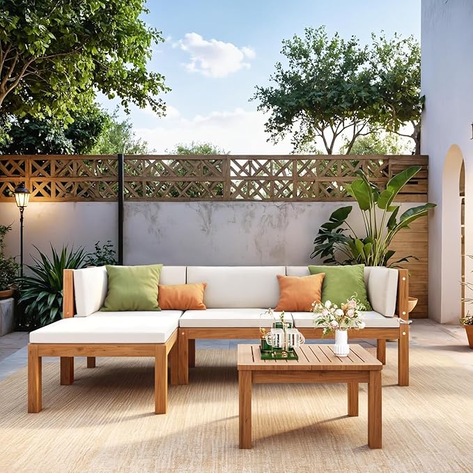 Devoko 5 Pieces Acacia Wood Outdoor Sectional Sofa Set with Coffee Table, Outdoor L-Shaped Couch with All-Weather Cushion for Patio