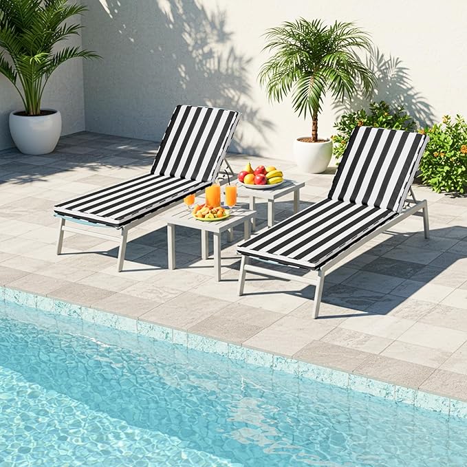 Chaise Lounge Cushions Outdoor Set of 2, 71"x22"x3" Patio Lounge Chair Furniture Cushions with Washable Covers for Pool, Patio, Lawn (Black+White Stripes, 2 Pcs)