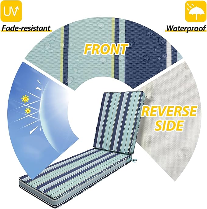 AAAAAcessories Outdoor Chaise Lounge Cushions, Fade-Resistant, Waterproof Patio Furniture Replacement Cushions, 74" x 23" x 3", Ash Teal Seaside Stripe