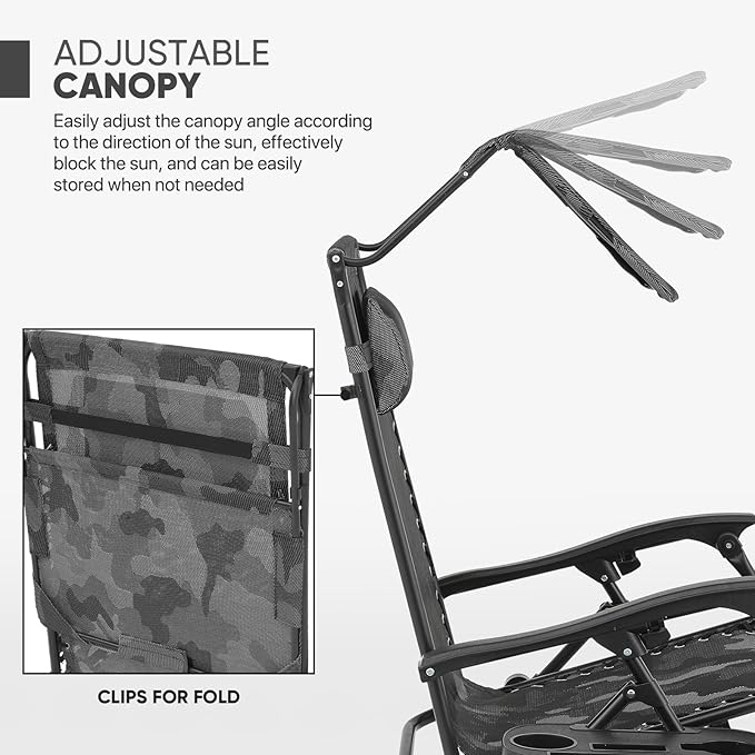 Magshion Zero Gravity Lounge Chairs with Canopy Set of 2, Outdoor Foldable Patio Reclining Chair, Adjustable Anti-Gravity Recliners with Headrest, Folding Lounger for Lawn Camping Beach, Camouflage