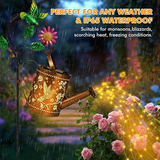 Gifts for Women Mom, Outdoor Hanging Solar Lantern Waterproof Metal Openwork Hummingbird Watering Can Landscape Lights with Shepherd Hook for Porch Lawn Driveway Backyard Pathway
