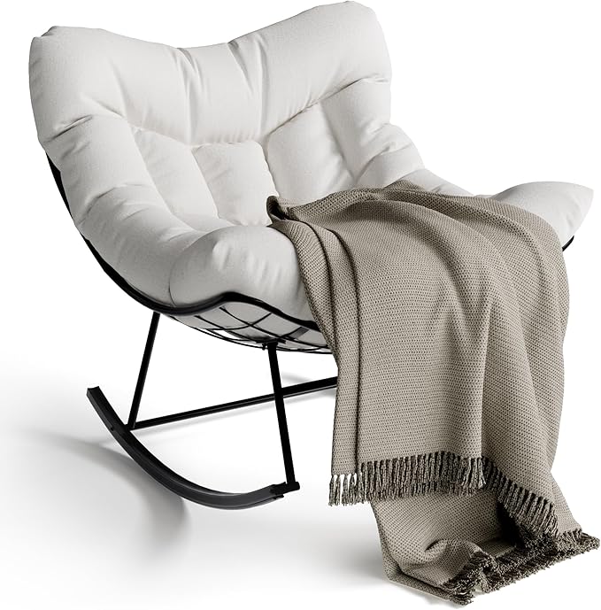 GarveeLife Outdoor Papasan Rocking Chair, Oversized Rocking Chair with Sturdy Metal Frame, Patio Rattan Egg Rocker for Balcony Backyard Porch Bedroom, White