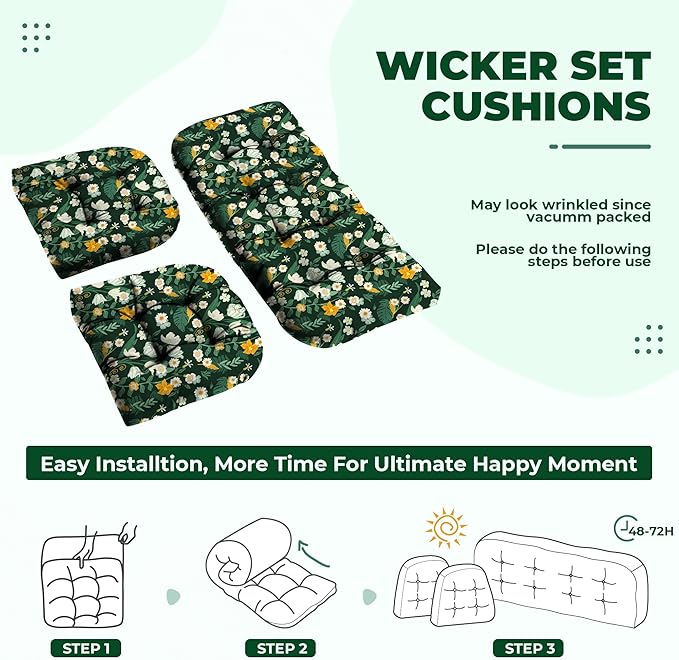 Wicker Chair Cushions, Waterproof Outdoor Loveseat Cushions for Patio Furniture, Tufted Wicker Furniture Cushions, 1 Loveseat and 2 U-Shaped Cushions (Green Floral)