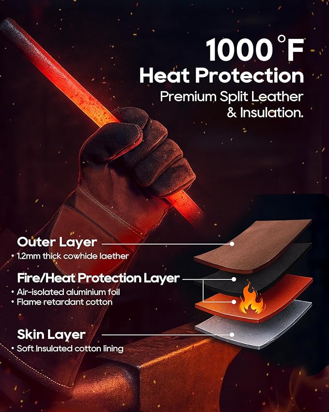 TOPDC Fire Resistant Reinforced Leather Fireproof Gloves with Kevlar Stitching for Mig, Tig, Stick, Forge, BBQ, Grill, Oven, Fireplace, Furnace, Animal Handling, X-LARGE