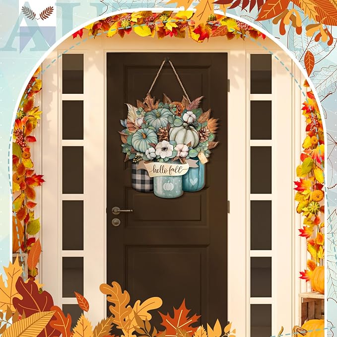 Boao Blue Thanksgiving Door Decorations for Home Thanksgiving Decor Pumpkin Plaid Hanging Sign Wooden Front Door Hanger for Autumn Harvest Fall Porch Indoor Outdoor Home Decorations