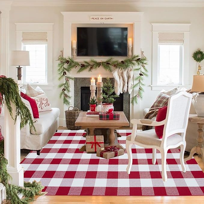 Christmas Outdoor Mat Buffalo Plaid Christmas Decor Rug Cotton Hand-Woven Layered Door Mats Washable Carpet for Front Porch, Kitchen, Farmhouse, Entryway