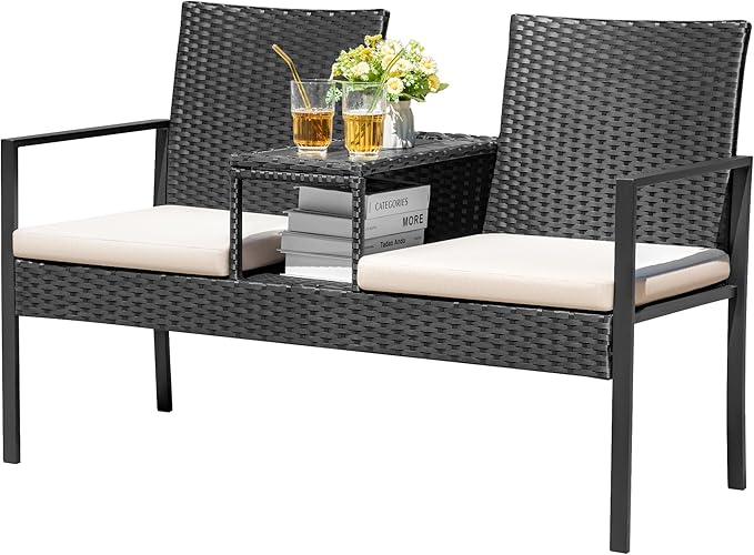 Devoko Patio Conversation Sets Outdoor Loveseat with Built-in Table & Cushions Wicker Patio Furniture Porch Chairs Bench for Lawn, Backyard, Balcony (Beige)