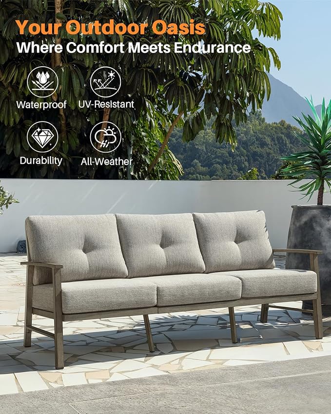 3 Seats Patio Furniture Sofa, Outdoor Aluminum Couch with 5.9'' Soft Cushion, 3-Seater All-Weather Outdoor Patio Furniture Sofa Couch for Balcony, Poolside, Lawn, Limed Oak