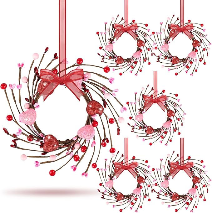 6 PCS Mini Valentine Wreaths for Cabinet Front Door Valentine Wreath Red Pink Glitter Heart and Berry Hanging Valentines Day Wreaths for Window Wedding Birthday Home Wall Porch Decoration