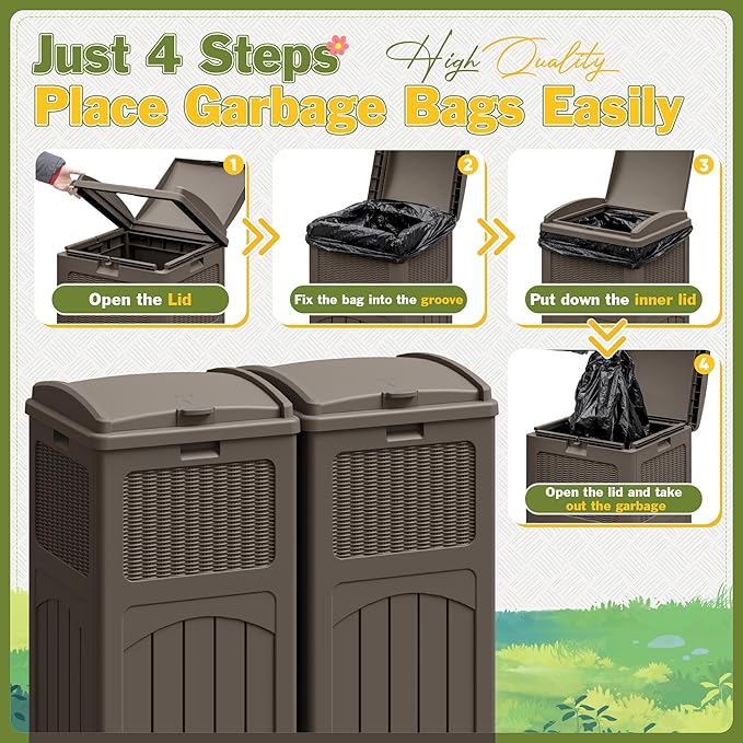 Greesum 33 Gallon Outdoor Trash Can with Lid, Waterproof Resin Garbage Bin for Hideaway, Deck, Patio, 2 Pack, Dark Brown