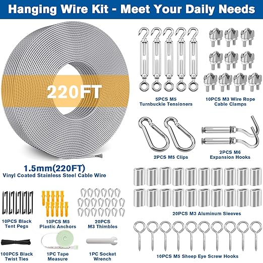 220FT 1/16" Wire Rope Kit - String Light Hanging Kit Vinyl Coated 304 Stainless Steel Cable with Turnbuckles for String Light Hanging, Gate Anti Sag, Stair Railing, Curtain, Picture Hanging, Garden