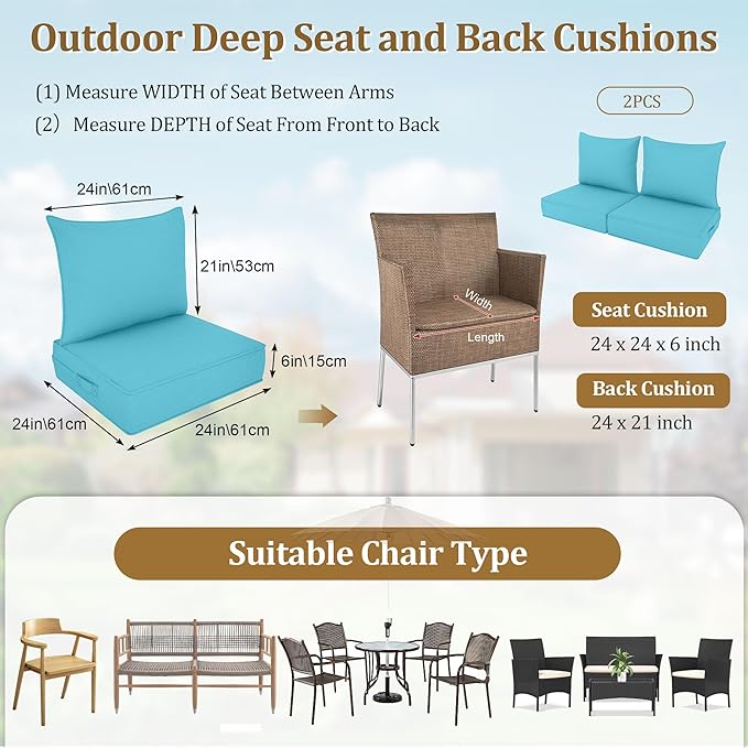 Outdoor Deep Seat Cushion Set, Fade Resistant Patio Chair Cushions, 24x24x6 Inch Patio Sofa Furniture Pad with Removable Cushion Covers (Lake Blue, 24''Lx24''Wx6''H-2pcs Set)