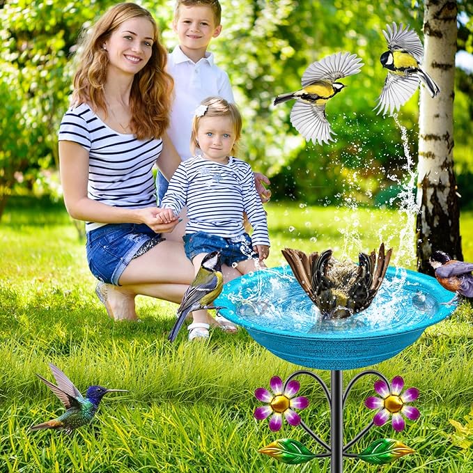Metal Bird Bath for Outside Garden Birdbath Bowl, Freestanding Bird Feeders for Outdoors with 5 Prongs Base Stake, Standing Birdfeeders Bath Bowl for Yard Decor(Retro Blue)