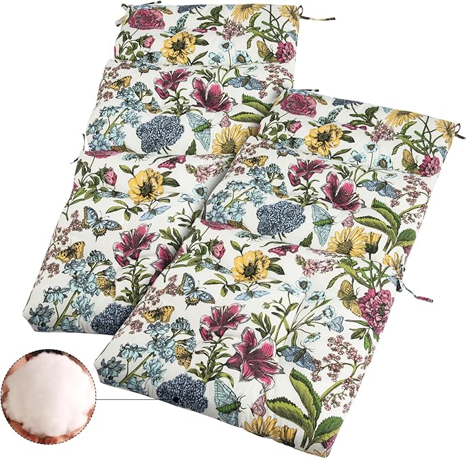 FUNHOME Outdoor High Back Chair Cushions Set of 2,Reversible Lawn Chair Cushion 44 x22 inch,Water Resistant Tufted Adirondack Chair Cushion,for Garden Rocking Chair,Patio Furniture(Butterfly Flower)