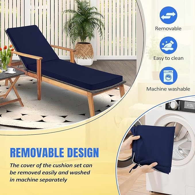 Basic Beyond Chaise Lounge Cushions Outdoor, 3-Layer Waterproof Outdoor Furniture Cushions with Removable Cover and 4 Ties, 72"x21"x3" Patio Lounge Chair Cushions for Outdoor Furniture, Navy