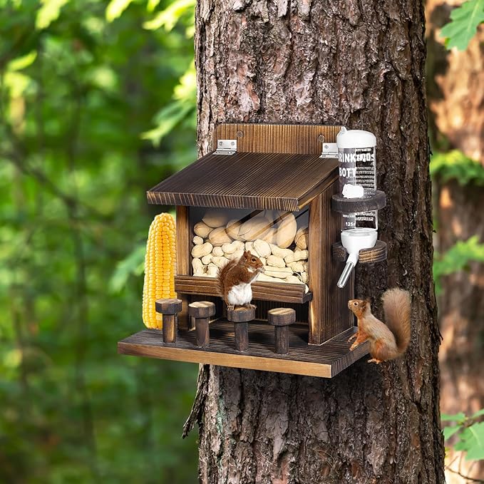 Squirrel Feeders for Outside, Wooden Squirrel Feeder Squirrel Houses for Outdoors Squirrel Picnic Table Feeder with Water Feeder for Peanuts Nuts Corn Cobs Holder