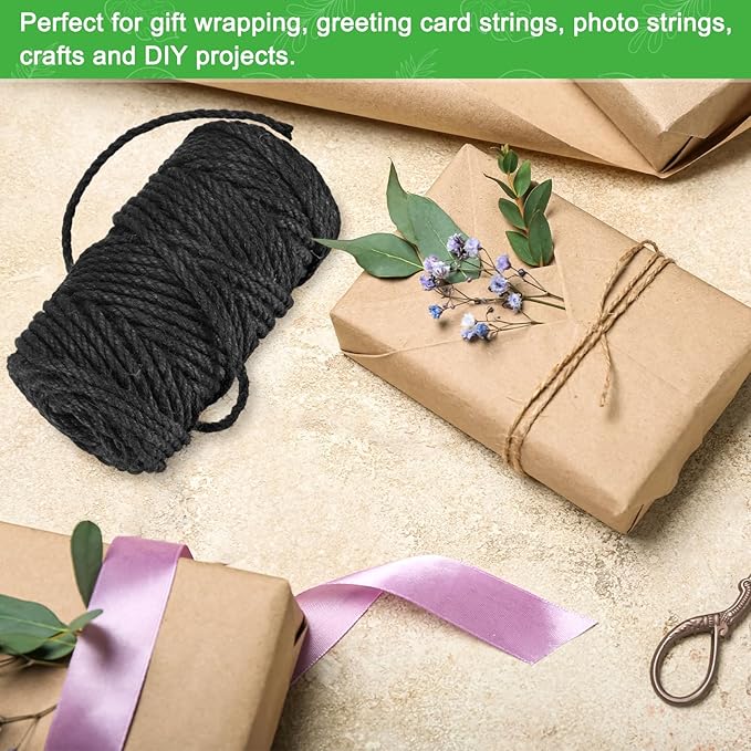 1-Pack Natural Jute Twine String, 4.5mm x 164ft/50m Long Garden Twine String for Crafts/Gift Wrapping/Gardening Plants, Durable Plant Ties Thick Rope [Black]