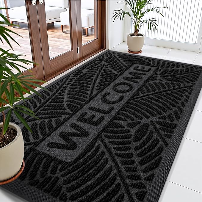 Smiry Welcome Mat Indoor Outdoor, All-Season Waterproof Front Door Mat, Sturdy Natural Rubber Doormat, Non-Slip, Easy Clean, Low Profile Dirt Trapper for Porch Patio Entrance, 71x47, Black