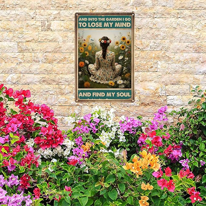 Funnysign Garden Gifts Vintage Metal Tin Sign – “And Into the Garden I Go to Lose My Mind and Find My Soul” Rustic Floral Wall Art for Home, Patio, Garden Décor – 8x12 Inches (9849)