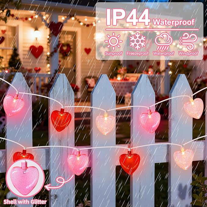 8.5Ft Valentine's Day Decorations Heart Lights String, Valentines Day Lights with 10 LED Red Pink White Heart-shaped with Glitter, Romantic Fairy Light for Valentine Proposal Anniversary Party Decor
