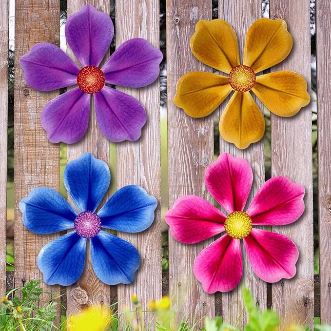 Giyyomtr Flowers Outdoor Wall Decor - 4 Pack 6.2'' Metal Flower Wall Art Hanging Decorations for Outdoor Fence Garden Yard Patio Decor, Gift for Mom Friends