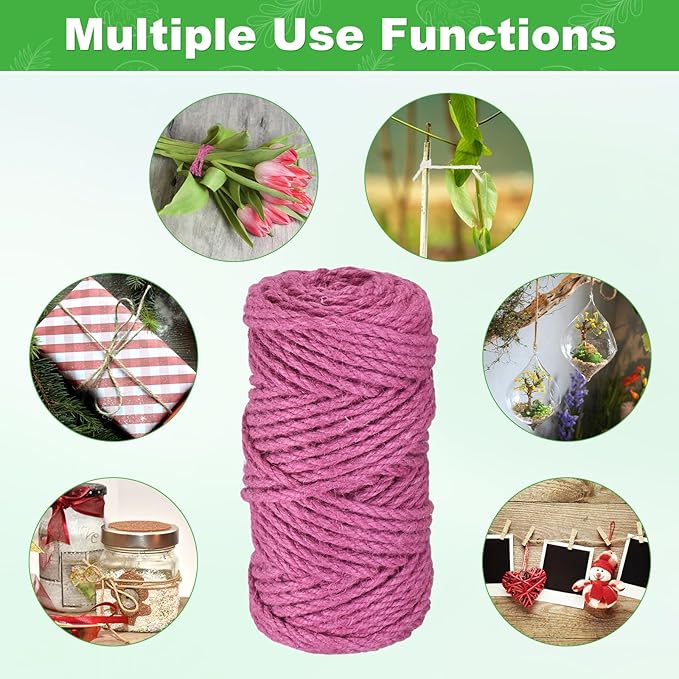 1-Pack Natural Jute Twine String, 4.5mm x 164ft/50m Long Garden Twine String for Crafts/Gift Wrapping/Gardening Plants, Durable Plant Ties Thick Rope [Rose Red]