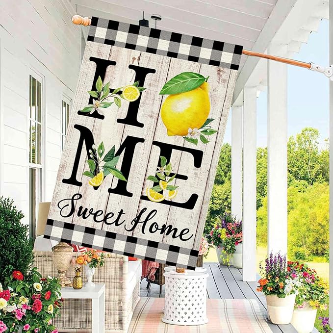 ORTIGIA Summer Lemon House Flag 28 x 40 Inch Double Sided Burlap Home Sweet Home Yellow Fruit Yard Flag Holiday Spring Farmhouse Seasonal Outdoor Outside Decoration (Large)