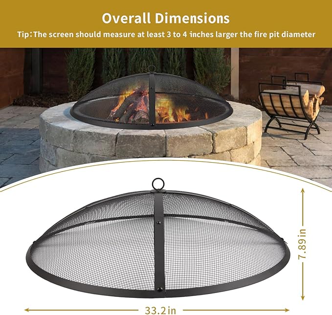 32Inch Heavy Duty Steel Fire Pit Spark Screen Cover,Outdoor Round Patio Mesh FirePit Screens Guard,Domed Fire Pit Ember Lid with Handle