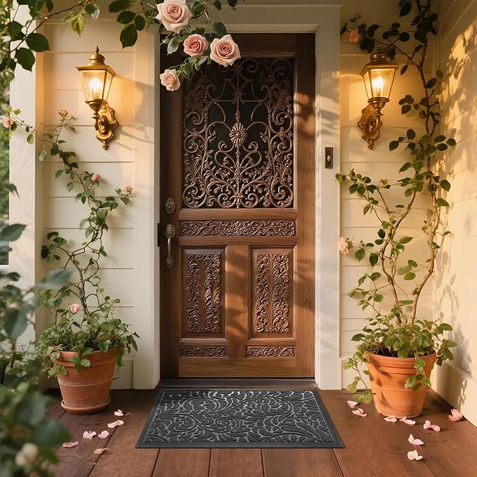 Yimobra Front Door Mat Outside Entrance 29.5x17, Waterproof Sturdy Retro Outdoor Mat, Heavy Duty Non-Slip Doormat for Garage Patio Entryway Indoor, Easy Clean, Grey