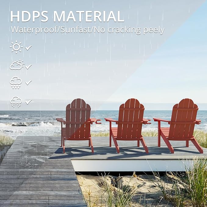 LUE BONA HDPS Adirondack Chairs Set of 2, Fire Pit Outdoor Chair Weather Resistant with Cup Holder, Modern Plastic Chair Plastic for Patio, Deck, Proch, 350LBS, Red