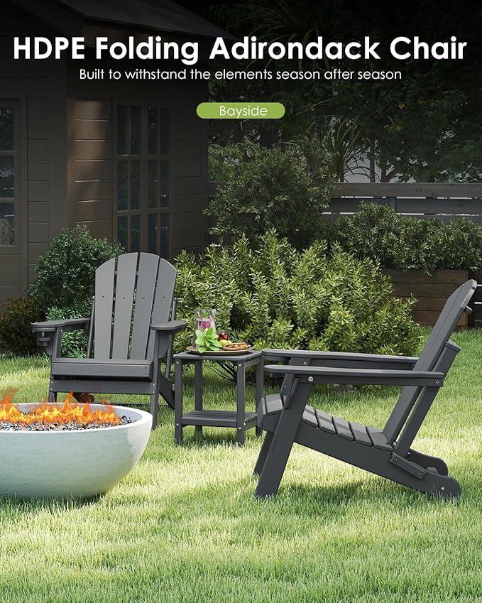 GREENVINES Folding-Adirondack-Chair | HDPE Plastic | Fire Pit Chairs | All Weather | Cup Holder | Grey | for Deck Backyard Patio Outdoor Garden