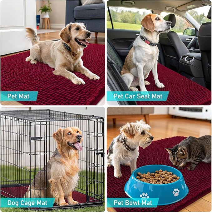 OLANLY Dog Door Mat for Muddy Paws 70x35, Absorbs Moisture and Dirt, Absorbent Non-Slip Washable Doormat, Quick Dry Chenille Mud Mat for Dogs, Entry Indoor Entryway Carpet for Inside Floor, Burgundy