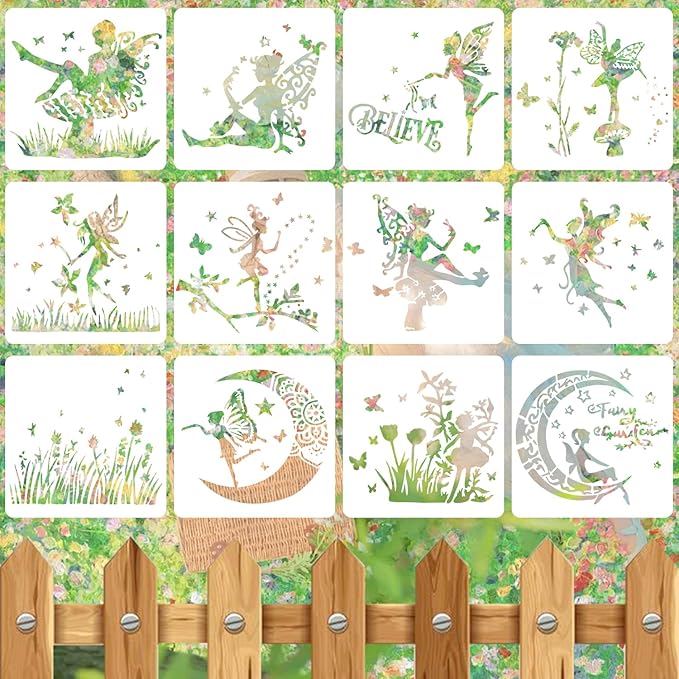 12 PCS Fairy Stencils Reusable Butterfly Moon Fairy Wildflower Templates for Painting on Wood Wall Glass Canvas Scrapbook DIY Craft Home Decor 4.7 x 4.7 Inch