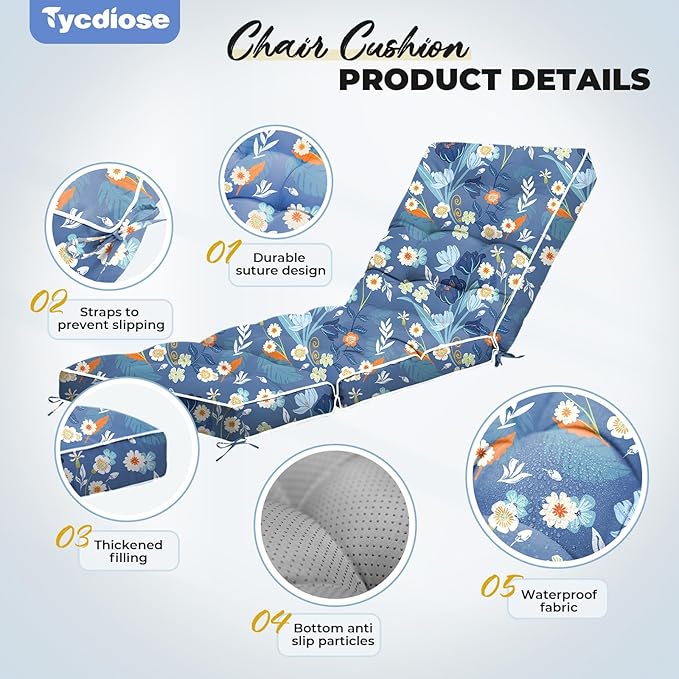 Outdoor Chaise Lounge Chair Cushion, Waterproof Non-Slip Patio Chaise Lounge Cushions for Outdoor Furniture, Thickened Patio Pool Lounger Chair Cushion, 76.4 x 22.8 x 4.7 Inches, Blue Floral