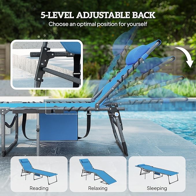 Outsunny Folding Chaise Lounge Chair Outdoor Tanning Chair with Side Table, 5-Level Adjustable Beach Lounge Chair with Headrest, Side Pocket for Patio, Backyard, Beach, Poolside, Blue