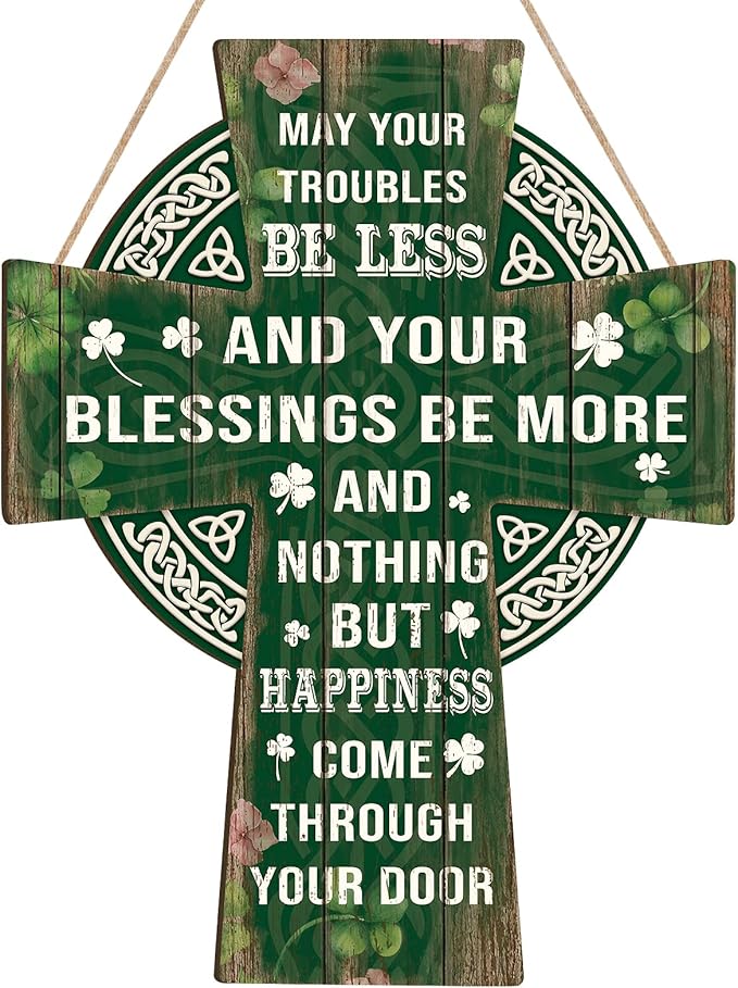 Wooden St Patricks Day Decoration Shamrock Door Wreath for Front Door Sign Wall Signs Shamrock Clover Spring Decoration, Irish Sign Welcome Hanging for Home Decor Party Outdoor Indoor Supply