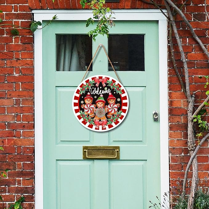 Christmas Gingerbread Man Welcome Door Sign For Front Door Decor,Red White Stripes Holly Berry Wooden Sign 12"x 12" Round Wood Hanging Door Sign Christmas Decoration for Wall Rustic Decor
