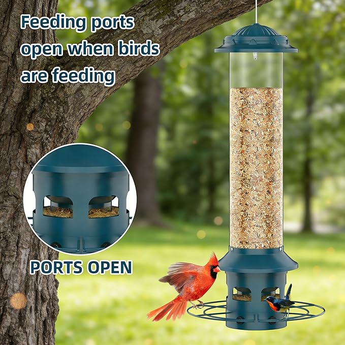 Metal Squirrel Proof Bird Feeders for Outdoors Hanging 4.0 LB Large Capacity,Easily Beat Squirrels,Easy to Clean and Fill,Waterproof,Attracting Finch,Cardinal,Chickadee,Christmas Birds Gifts