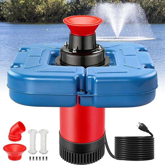 SURAIELEC Pond Fountain Aerator with Larger Floater, 1HP 15000 GPH Fully Automatic Floating Aerating Pump for Outdoor Ponds, Lakes, 2 Nozzles, 100 FT Power Cord, 2x100 FT Guide Ropes
