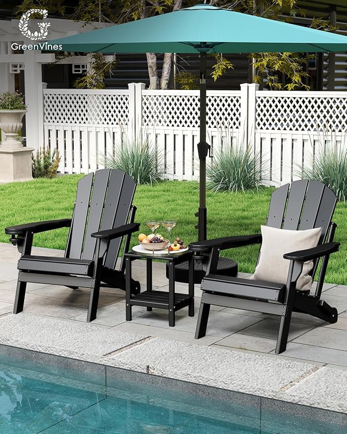 GREENVINES Folding-Adirondack-Chairs-Set-of-4 | HDPE Plastic | Fire Pit Chair | All Weather | Cup Holder | Black | for Deck Backyard Patio Outdoor Garden